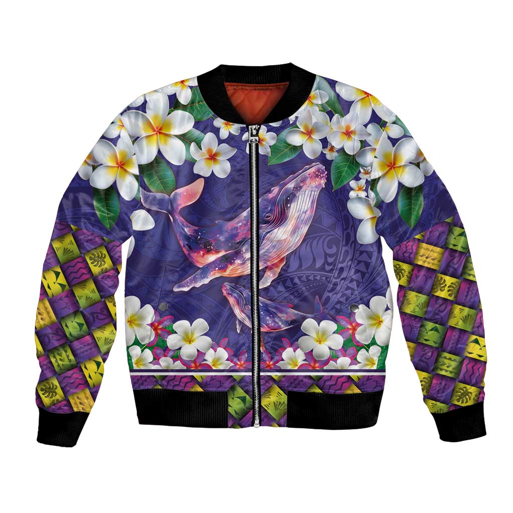 Hawaiian Plumeria and Humpback Whales Bomber Jacket Polynerian Art Tattoo-Navy Color