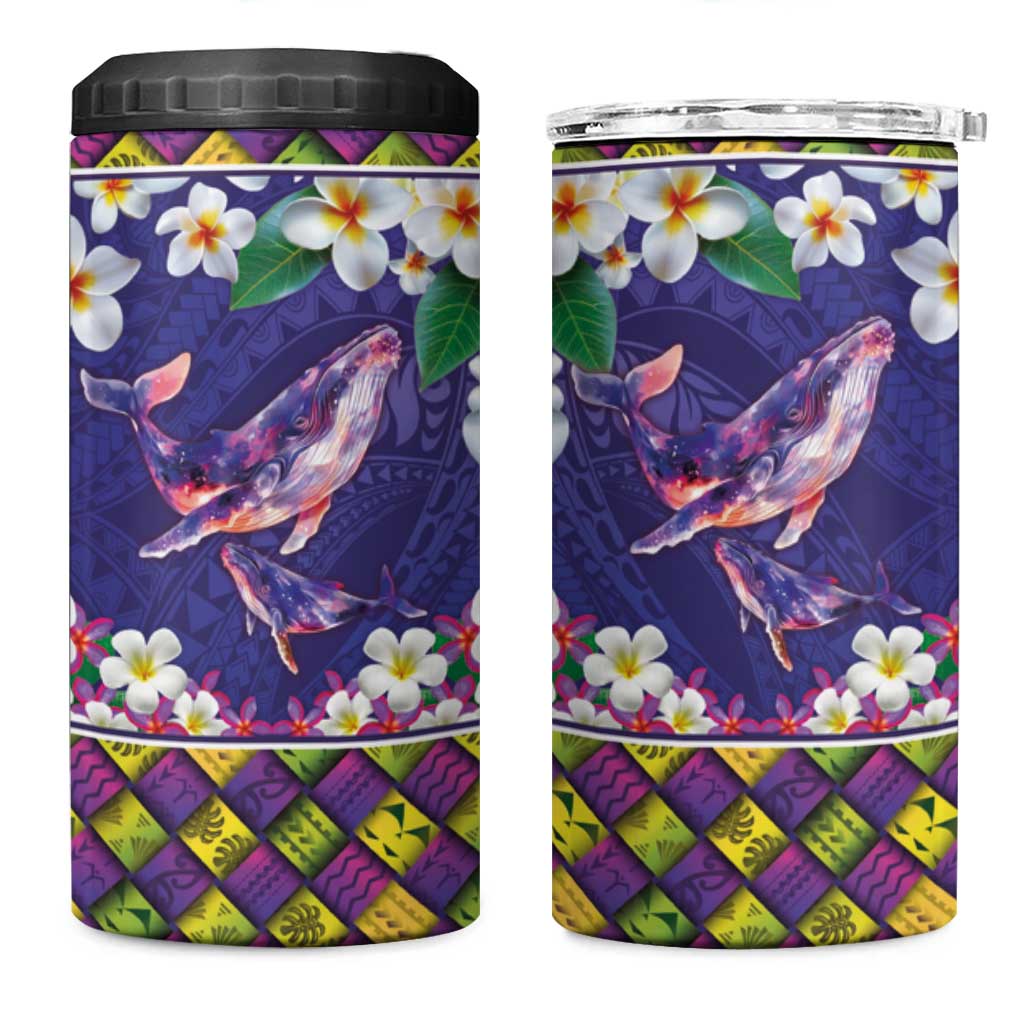 Hawaiian Plumeria and Humpback Whales 4 in 1 Can Cooler Tumbler Polynerian Art Tattoo-Navy Color