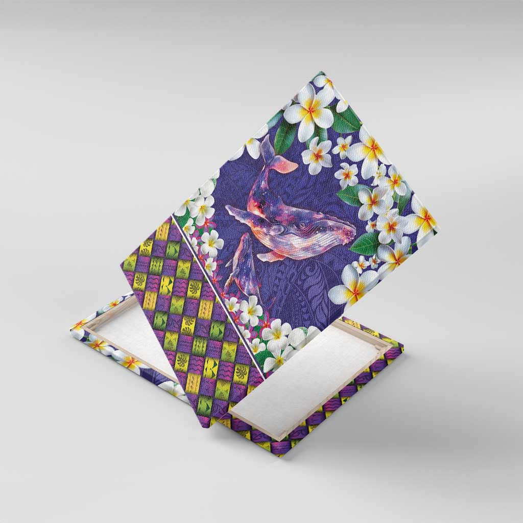 Hawaiian Plumeria and Humpback Whales Canvas Wall Art Polynerian Art Tattoo-Navy Color