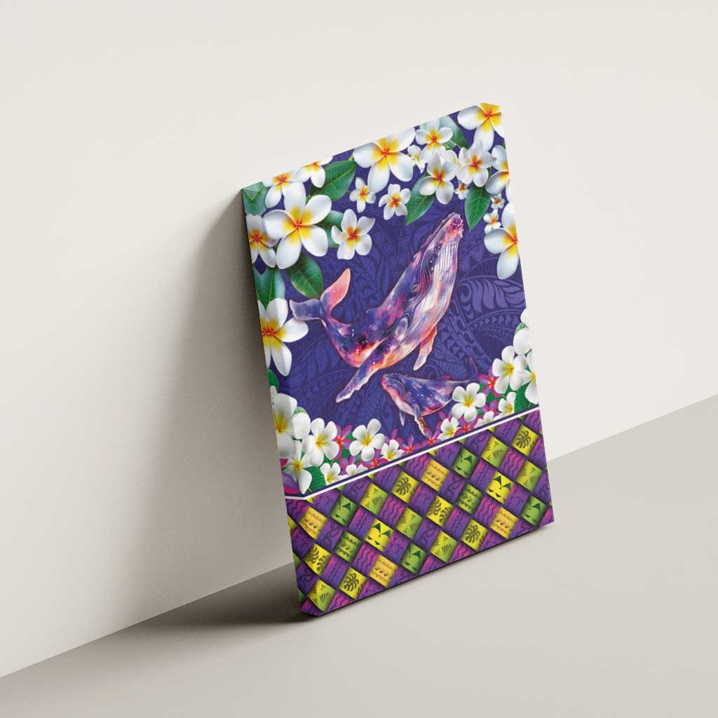 Hawaiian Plumeria and Humpback Whales Canvas Wall Art Polynerian Art Tattoo-Navy Color