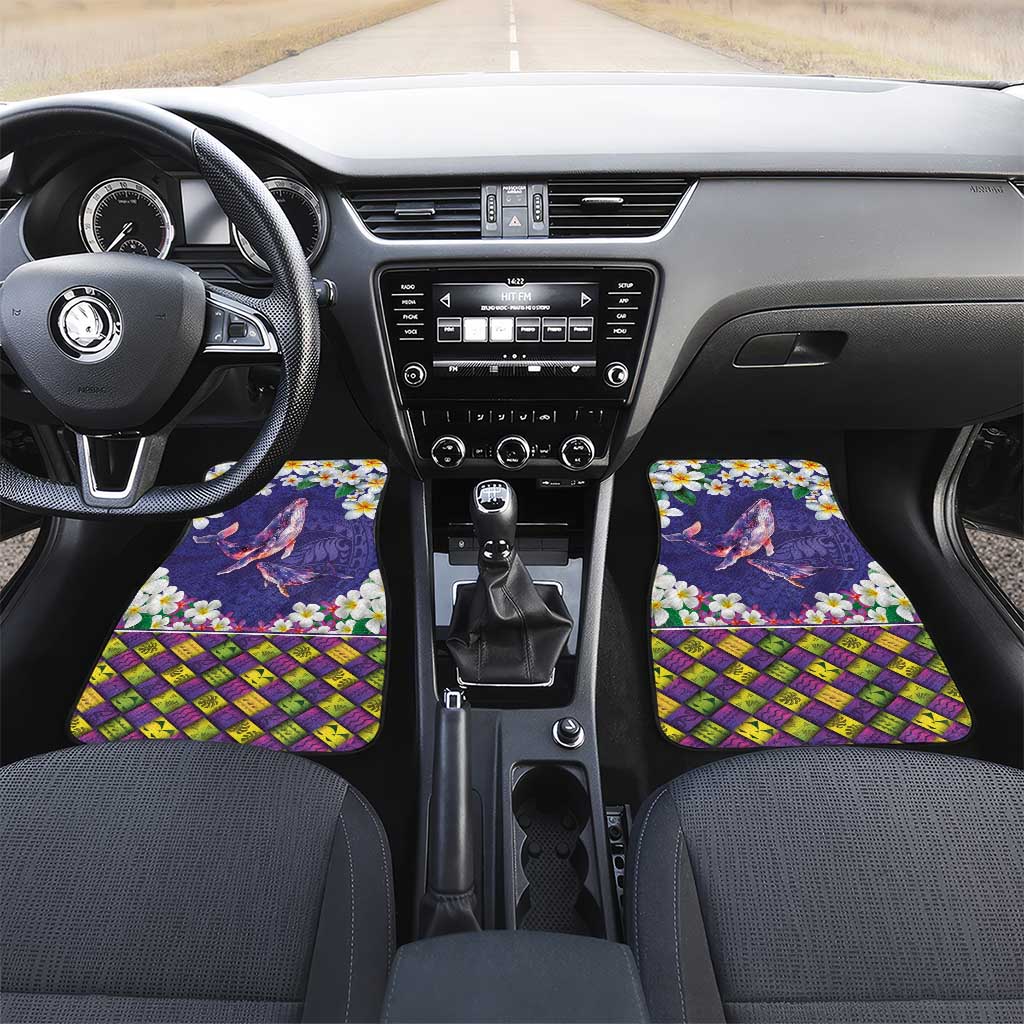 Hawaiian Plumeria and Humpback Whales Car Mats Polynerian Art Tattoo-Navy Color