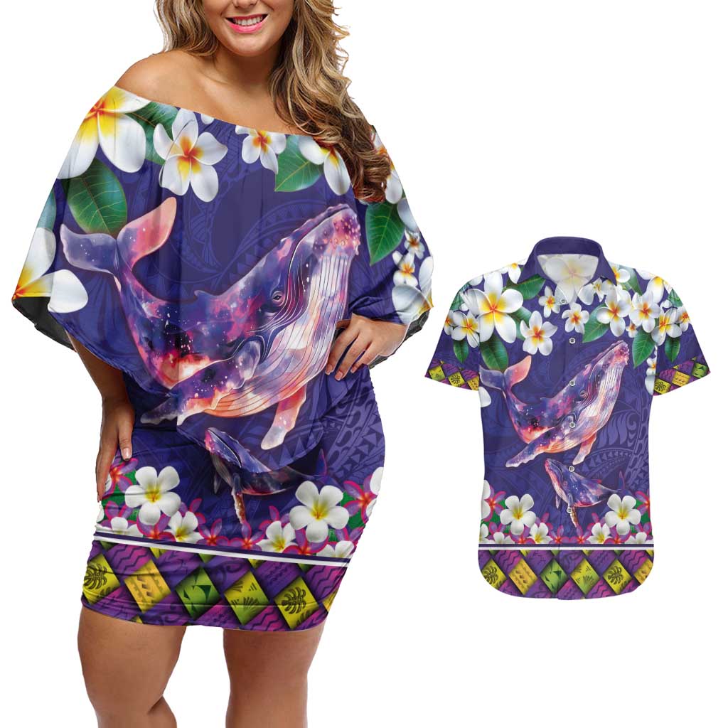 Hawaiian Plumeria and Humpback Whales Couples Matching Off Shoulder Short Dress and Hawaiian Shirt Polynerian Art Tattoo-Navy Color