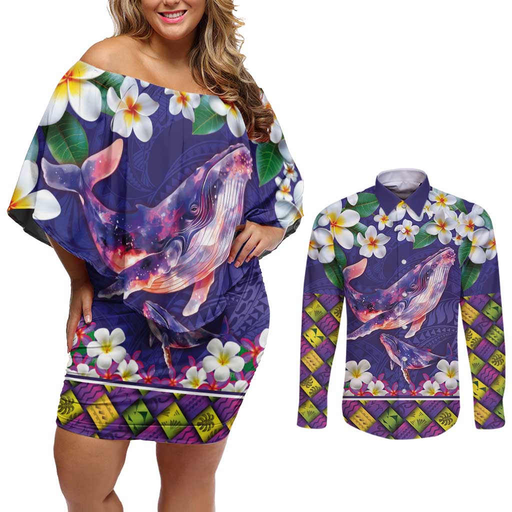 Hawaiian Plumeria and Humpback Whales Couples Matching Off Shoulder Short Dress and Long Sleeve Button Shirt Polynerian Art Tattoo-Navy Color