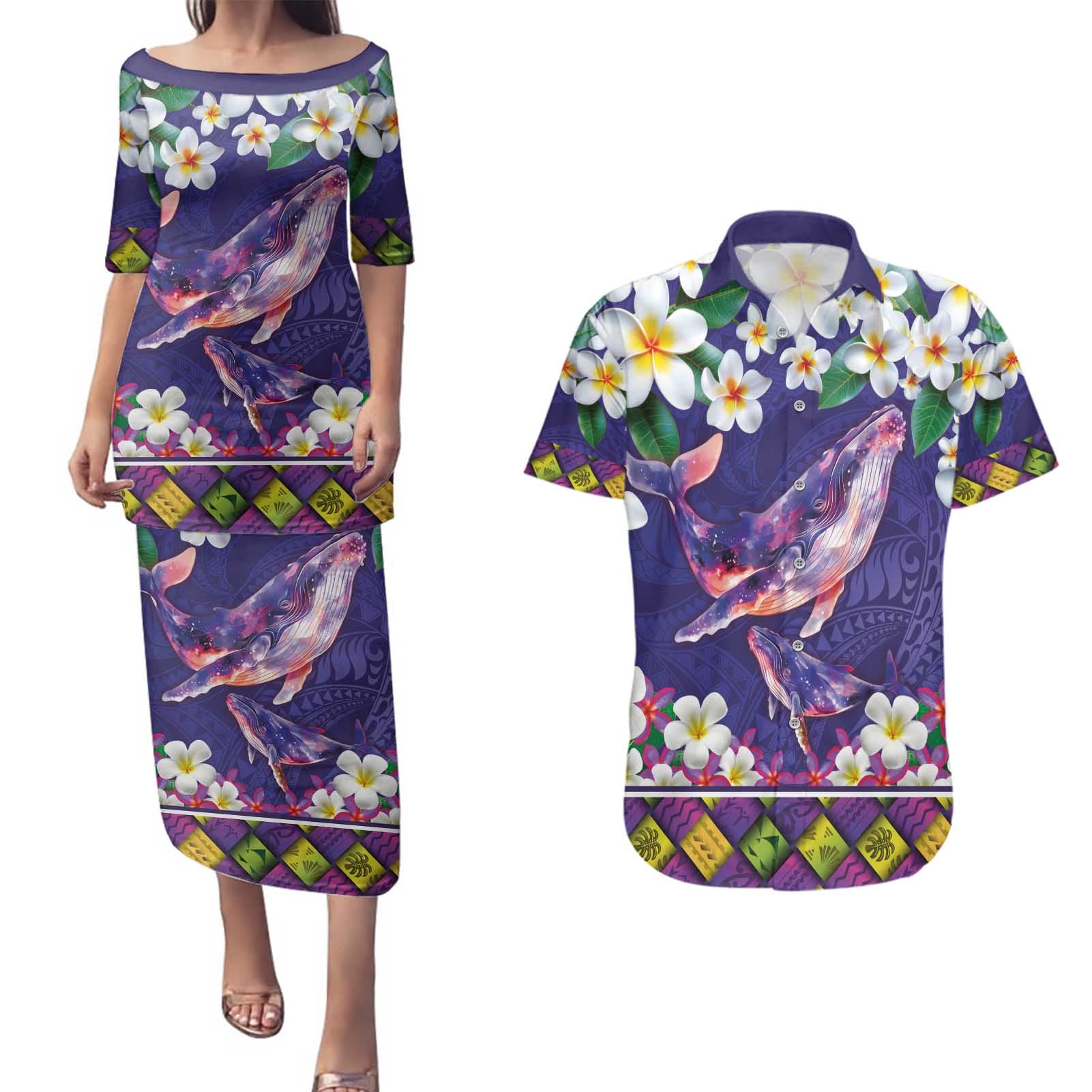 Hawaiian Plumeria and Humpback Whales Couples Matching Puletasi and Hawaiian Shirt Polynerian Art Tattoo-Navy Color