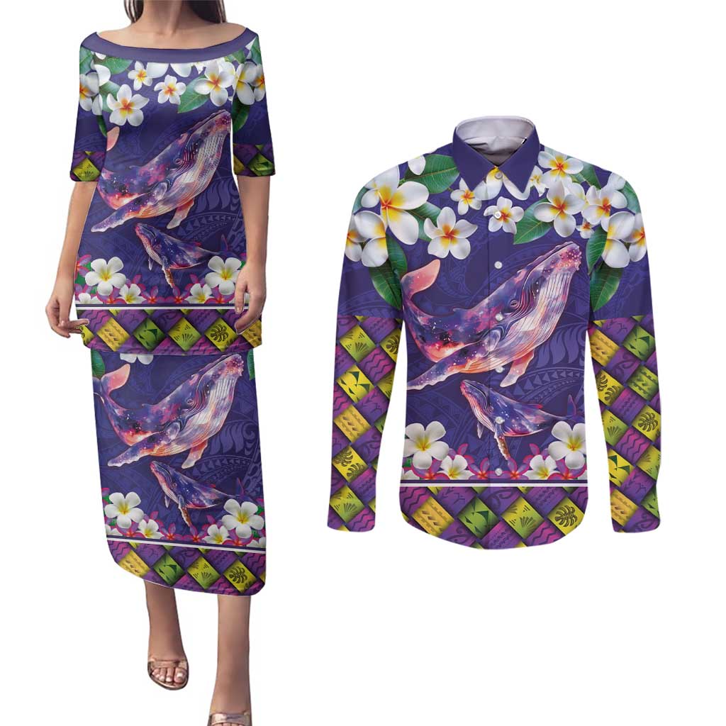Hawaiian Plumeria and Humpback Whales Couples Matching Puletasi and Long Sleeve Button Shirt Polynerian Art Tattoo-Navy Color