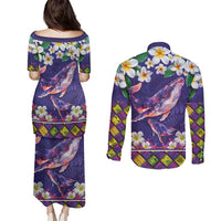 Hawaiian Plumeria and Humpback Whales Couples Matching Puletasi and Long Sleeve Button Shirt Polynerian Art Tattoo-Navy Color