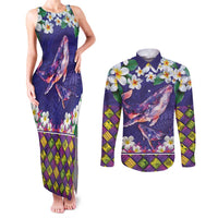 Hawaiian Plumeria and Humpback Whales Couples Matching Tank Maxi Dress and Long Sleeve Button Shirt Polynerian Art Tattoo-Navy Color