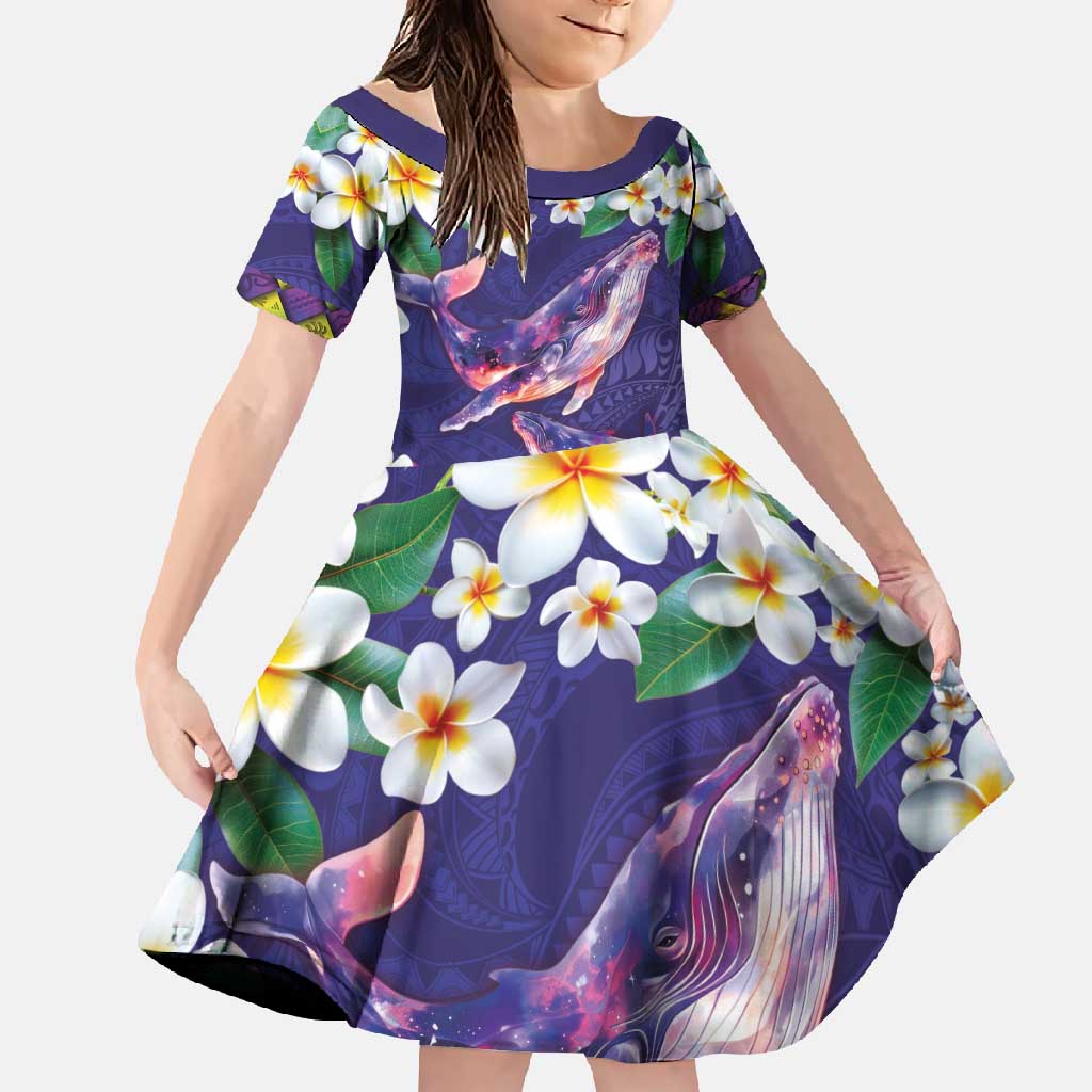 Hawaiian Plumeria and Humpback Whales Family Matching Long Sleeve Bodycon Dress and Hawaiian Shirt Polynerian Art Tattoo-Navy Color