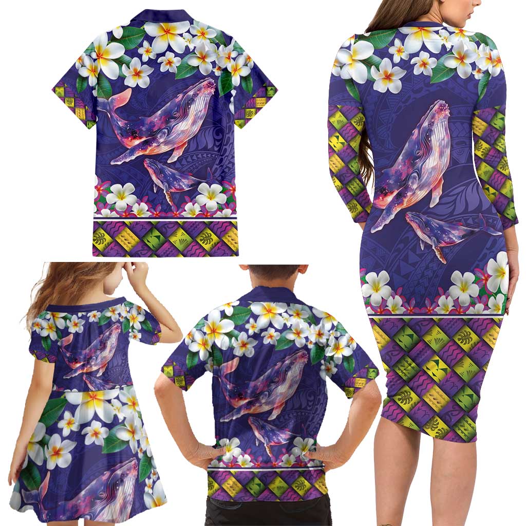 Hawaiian Plumeria and Humpback Whales Family Matching Long Sleeve Bodycon Dress and Hawaiian Shirt Polynerian Art Tattoo-Navy Color