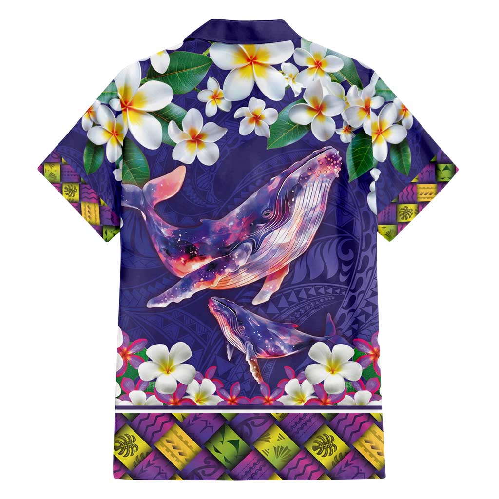 Hawaiian Plumeria and Humpback Whales Family Matching Long Sleeve Bodycon Dress and Hawaiian Shirt Polynerian Art Tattoo-Navy Color