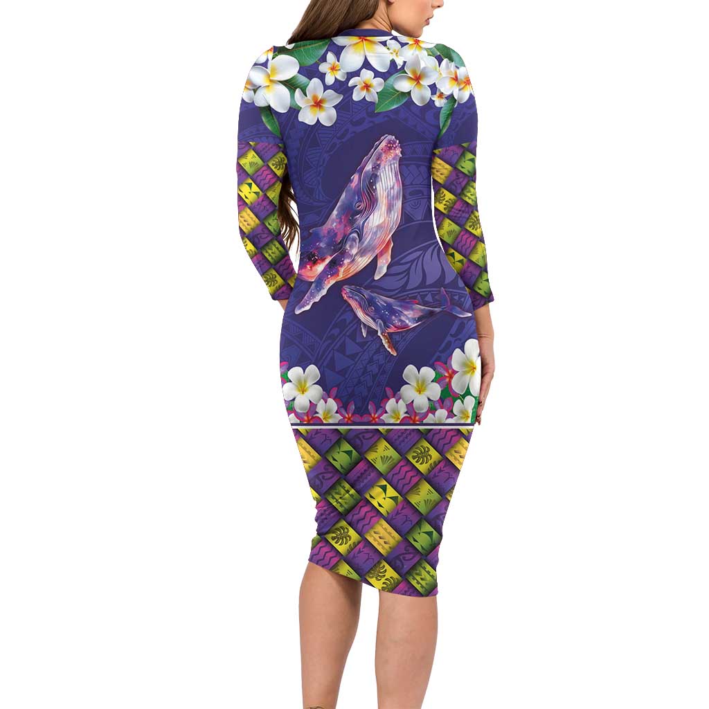 Hawaiian Plumeria and Humpback Whales Family Matching Long Sleeve Bodycon Dress and Hawaiian Shirt Polynerian Art Tattoo-Navy Color