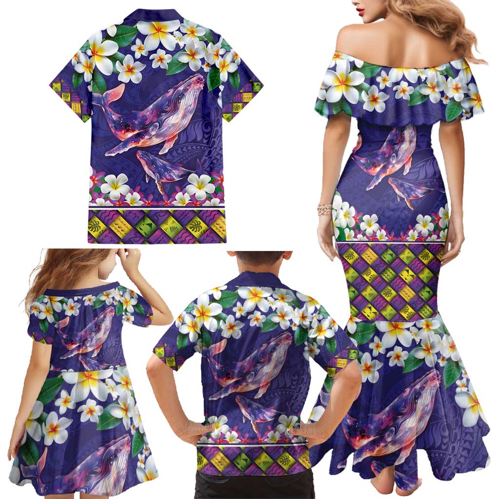 Hawaiian Plumeria and Humpback Whales Family Matching Mermaid Dress and Hawaiian Shirt Polynerian Art Tattoo-Navy Color