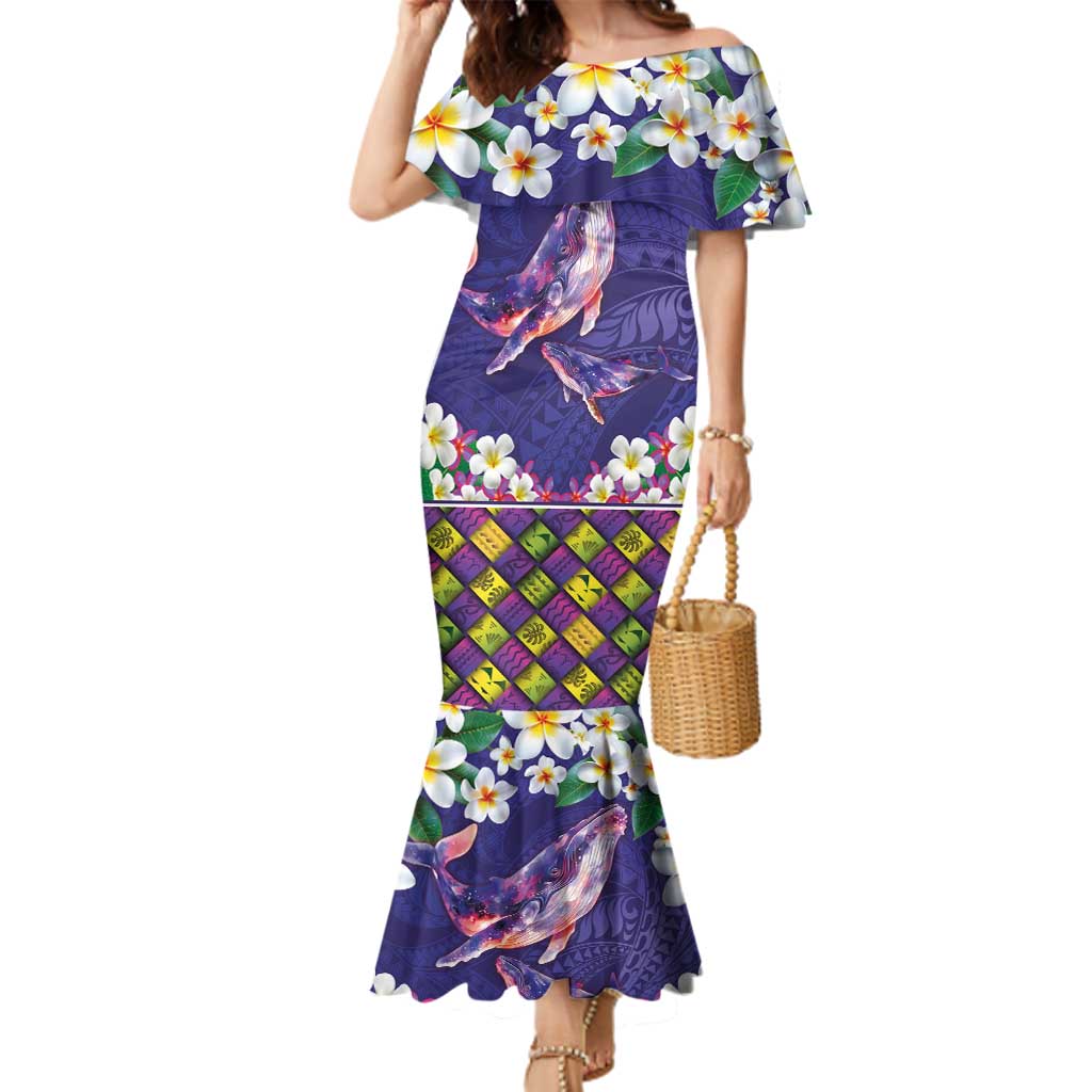 Hawaiian Plumeria and Humpback Whales Family Matching Mermaid Dress and Hawaiian Shirt Polynerian Art Tattoo-Navy Color