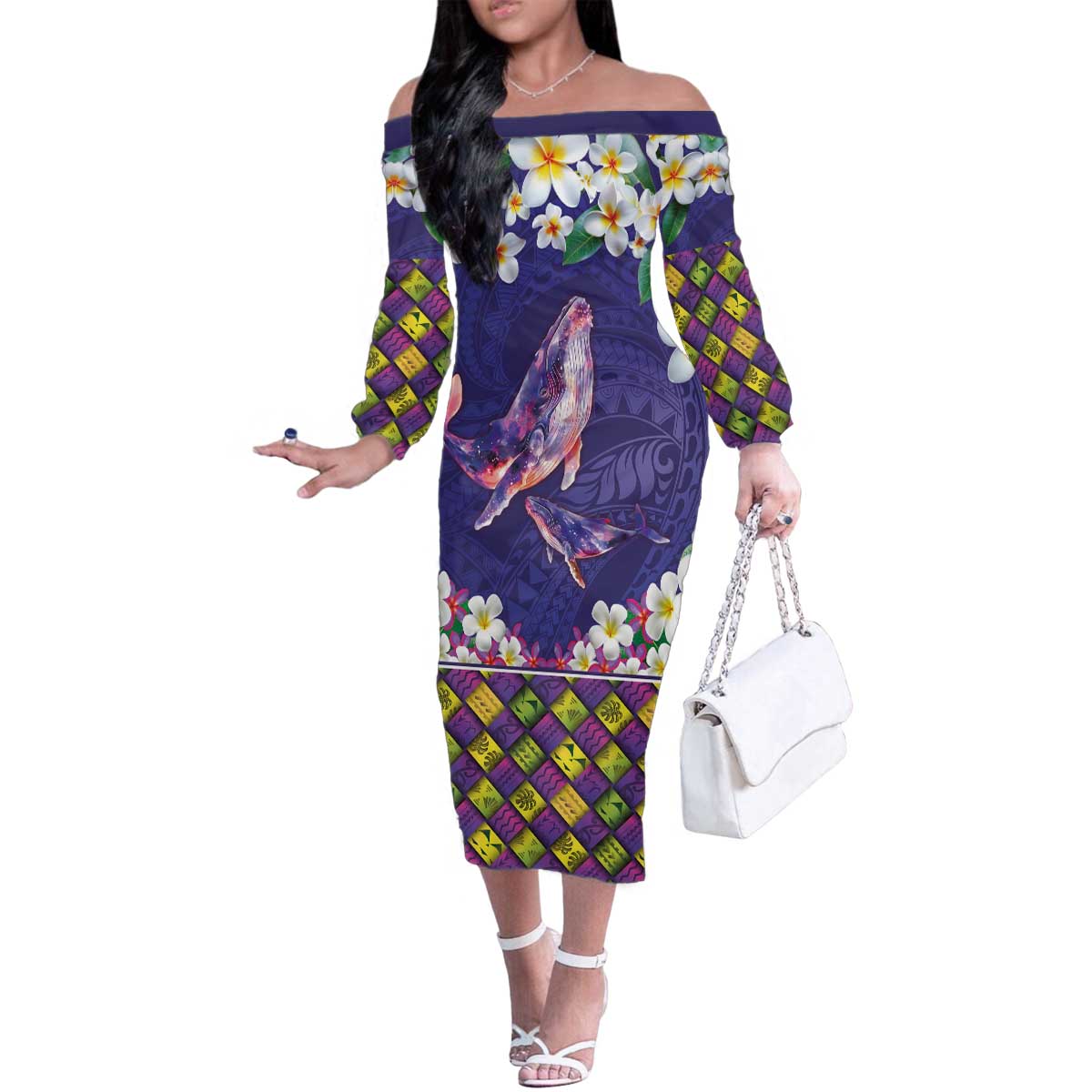 Hawaiian Plumeria and Humpback Whales Family Matching Off The Shoulder Long Sleeve Dress and Hawaiian Shirt Polynerian Art Tattoo-Navy Color