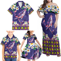 Hawaiian Plumeria and Humpback Whales Family Matching Off Shoulder Maxi Dress and Hawaiian Shirt Polynerian Art Tattoo-Navy Color