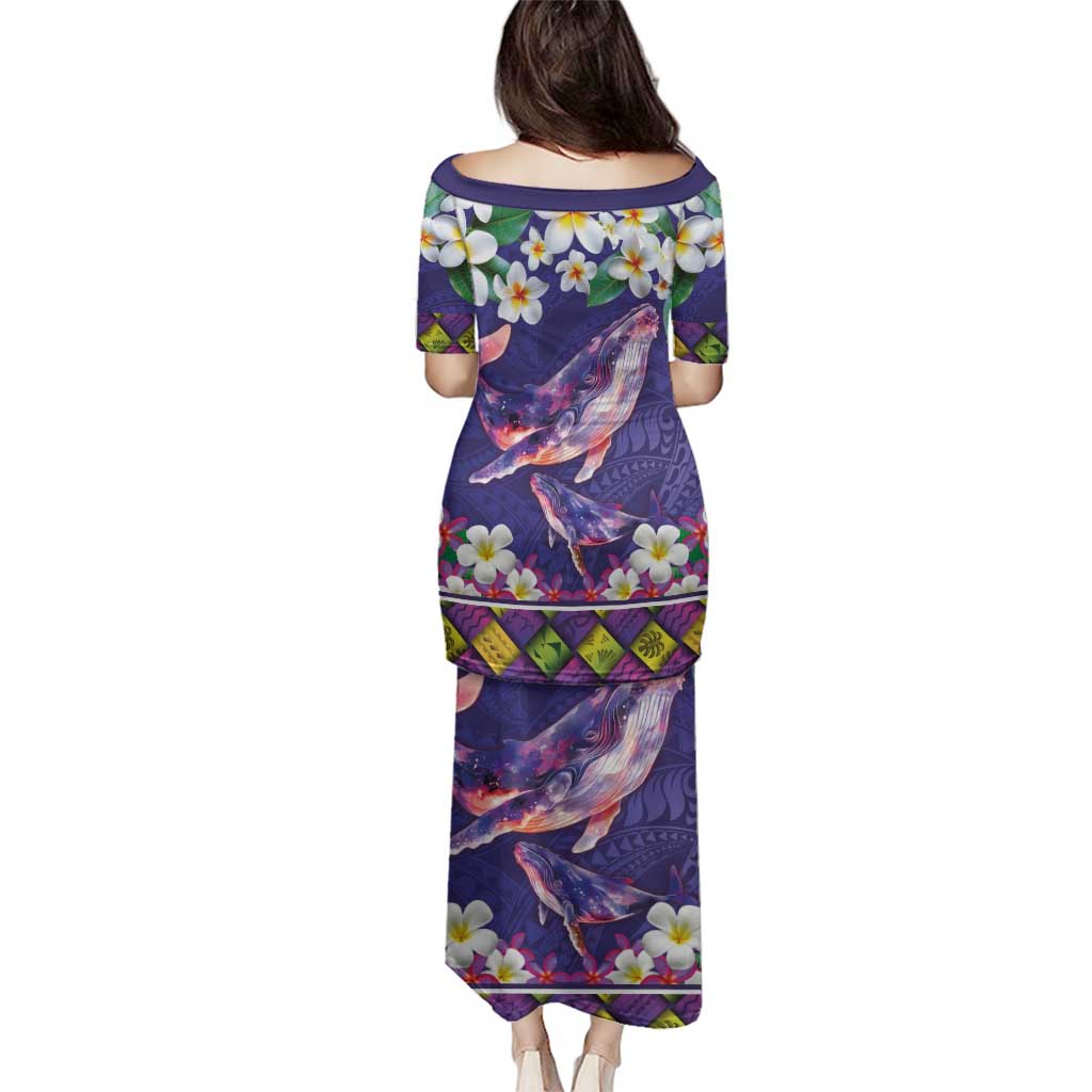 Hawaiian Plumeria and Humpback Whales Family Matching Puletasi and Hawaiian Shirt Polynerian Art Tattoo-Navy Color