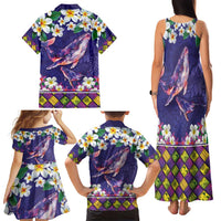 Hawaiian Plumeria and Humpback Whales Family Matching Tank Maxi Dress and Hawaiian Shirt Polynerian Art Tattoo-Navy Color