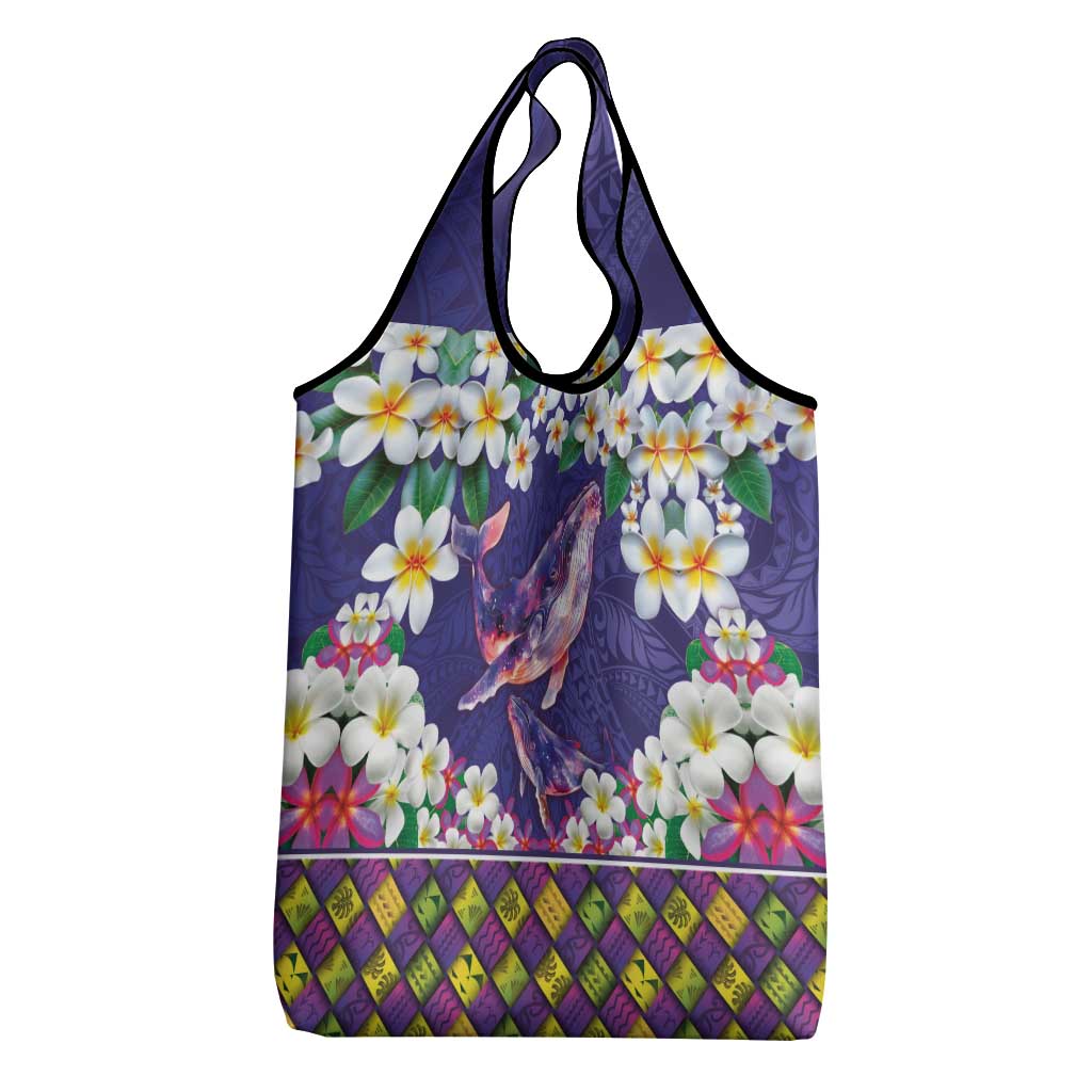 Hawaiian Plumeria and Humpback Whales Grocery Bag Polynerian Art Tattoo-Navy Color