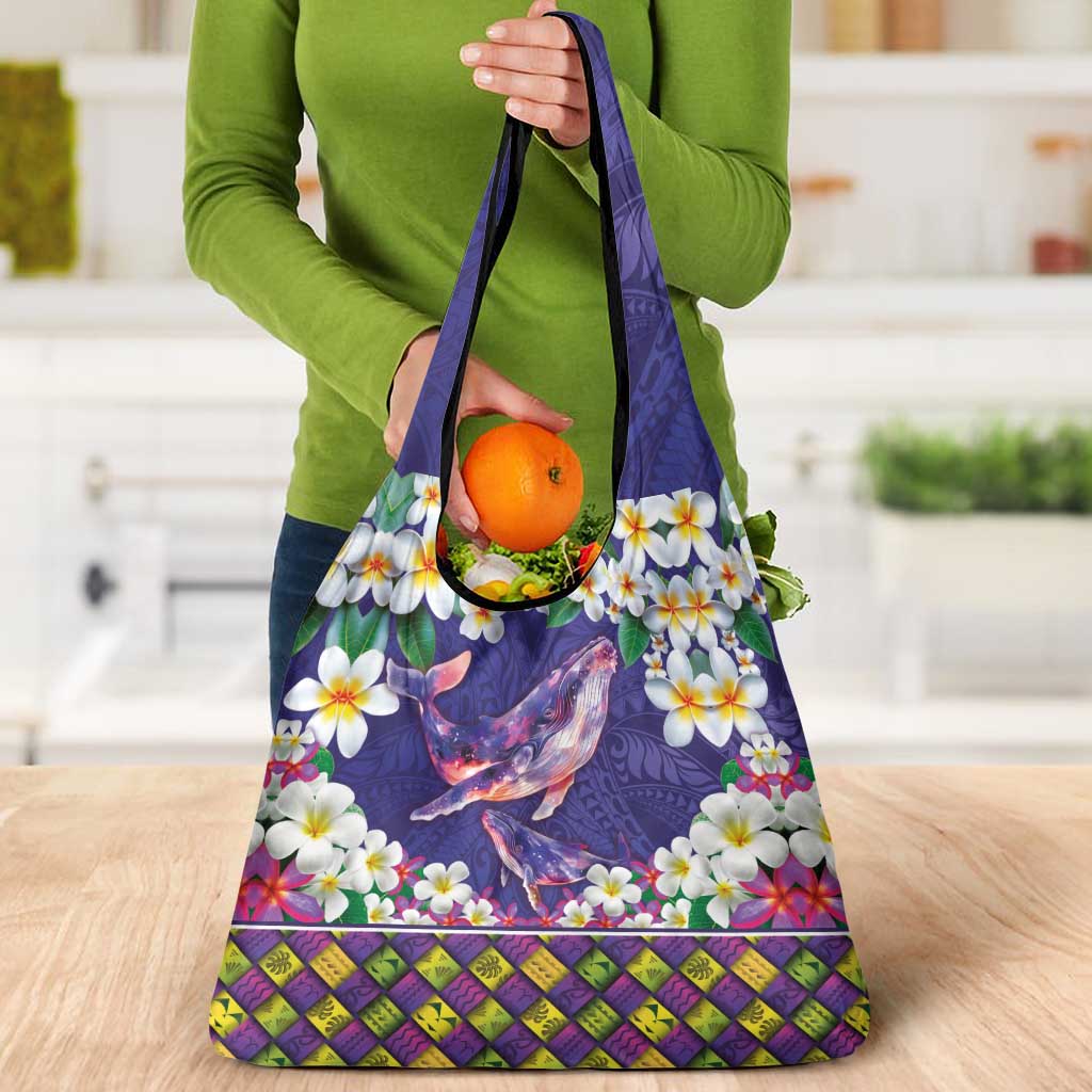 Hawaiian Plumeria and Humpback Whales Grocery Bag Polynerian Art Tattoo-Navy Color