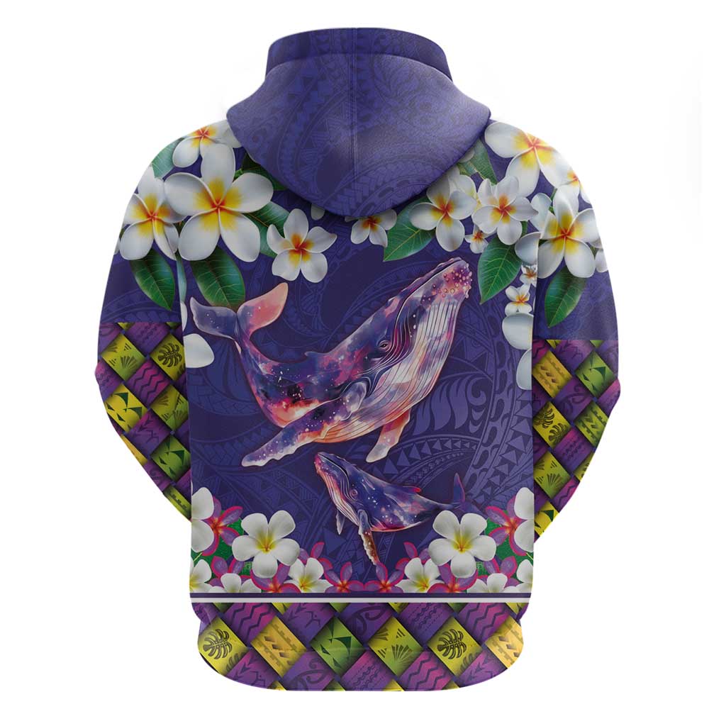 Hawaiian Plumeria and Humpback Whales Hoodie Polynerian Art Tattoo-Navy Color