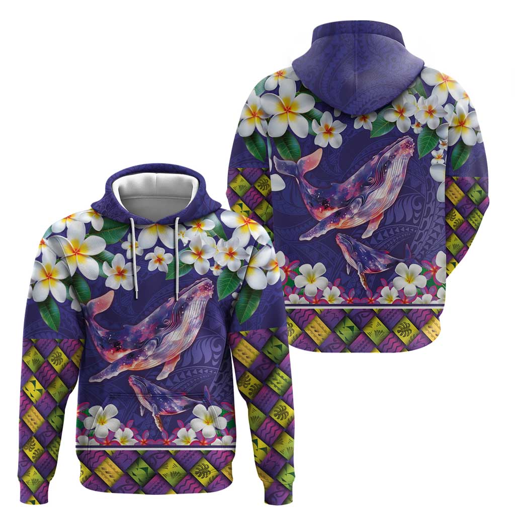 Hawaiian Plumeria and Humpback Whales Hoodie Polynerian Art Tattoo-Navy Color
