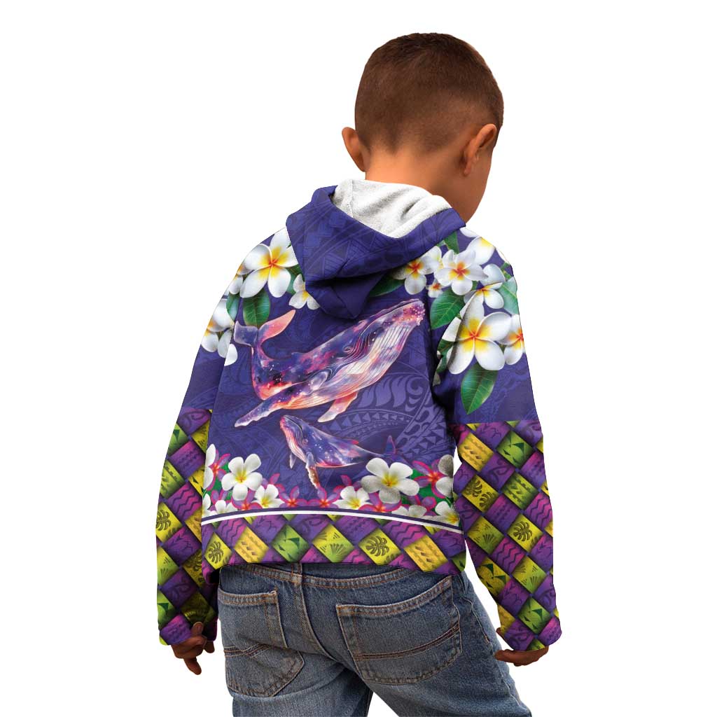Hawaiian Plumeria and Humpback Whales Kid Hoodie Polynerian Art Tattoo-Navy Color