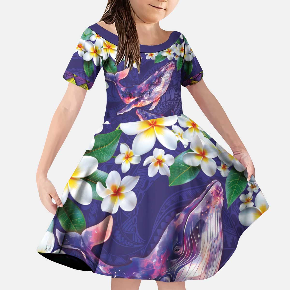 Hawaiian Plumeria and Humpback Whales Kid Short Sleeve Dress Polynerian Art Tattoo-Navy Color LT03 KID Navy - Polynesian Pride