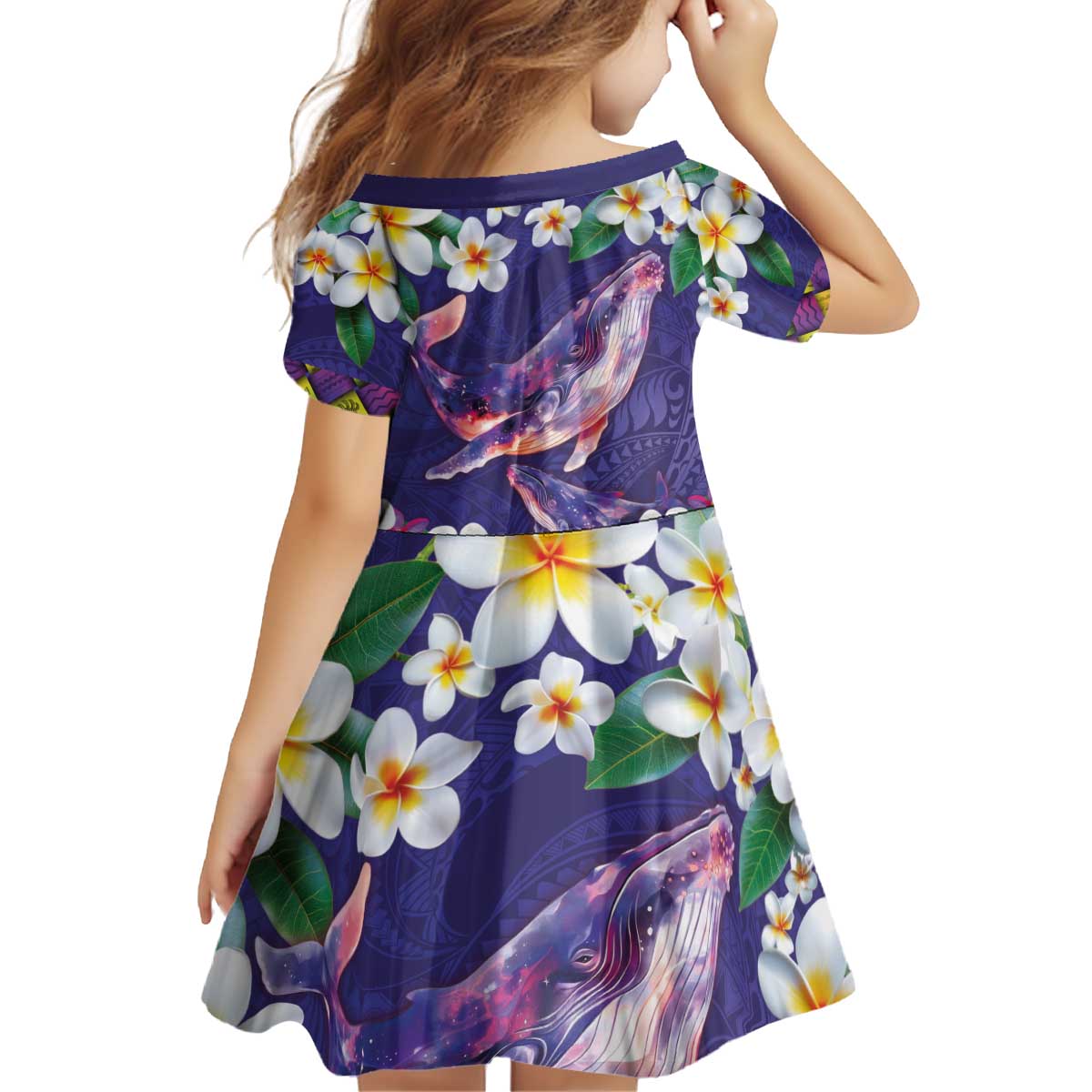 Hawaiian Plumeria and Humpback Whales Kid Short Sleeve Dress Polynerian Art Tattoo-Navy Color LT03 - Polynesian Pride