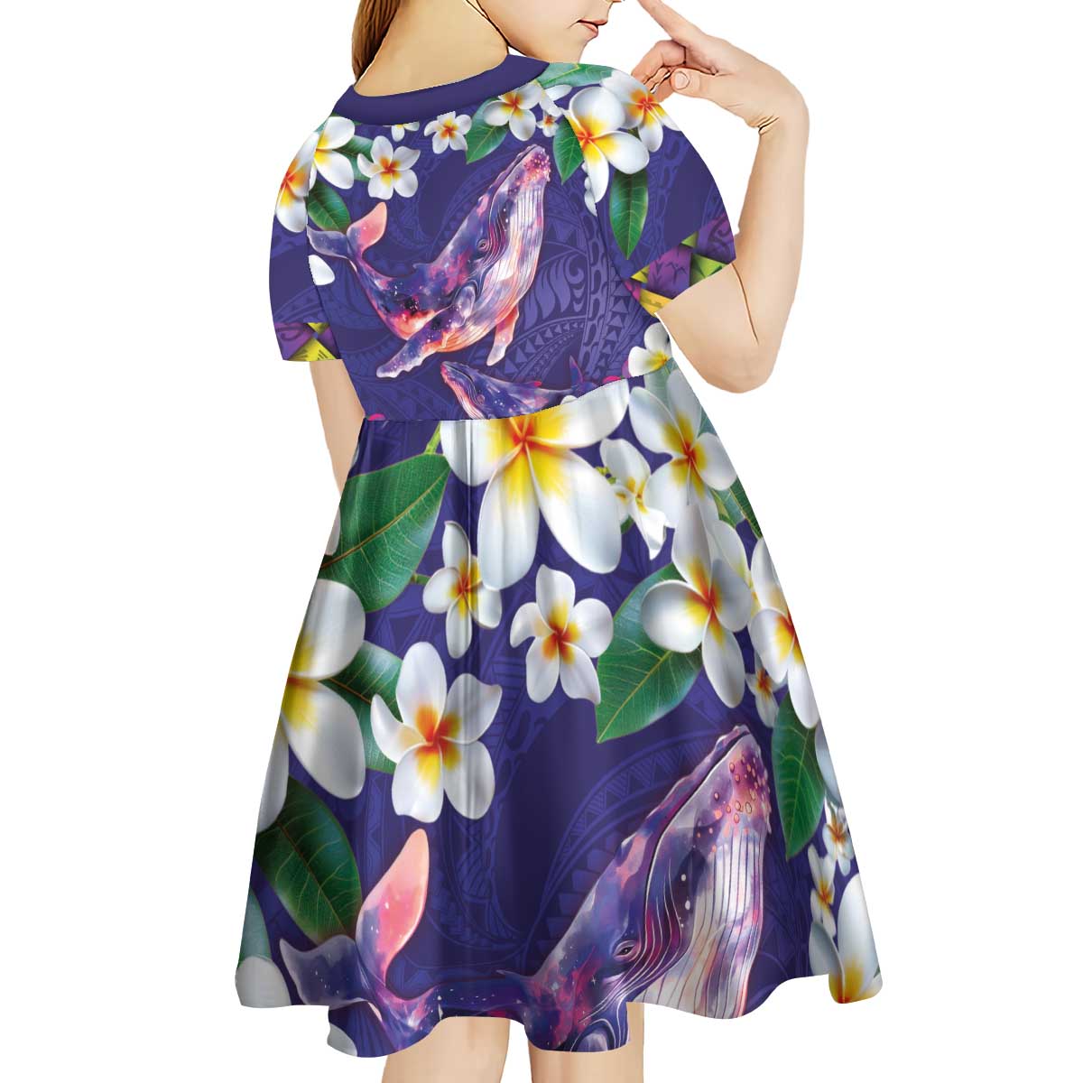 Hawaiian Plumeria and Humpback Whales Kid Short Sleeve Dress Polynerian Art Tattoo-Navy Color LT03 - Polynesian Pride