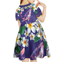 Hawaiian Plumeria and Humpback Whales Kid Short Sleeve Dress Polynerian Art Tattoo-Navy Color LT03 - Polynesian Pride