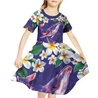 Hawaiian Plumeria and Humpback Whales Kid Short Sleeve Dress Polynerian Art Tattoo-Navy Color LT03 - Polynesian Pride