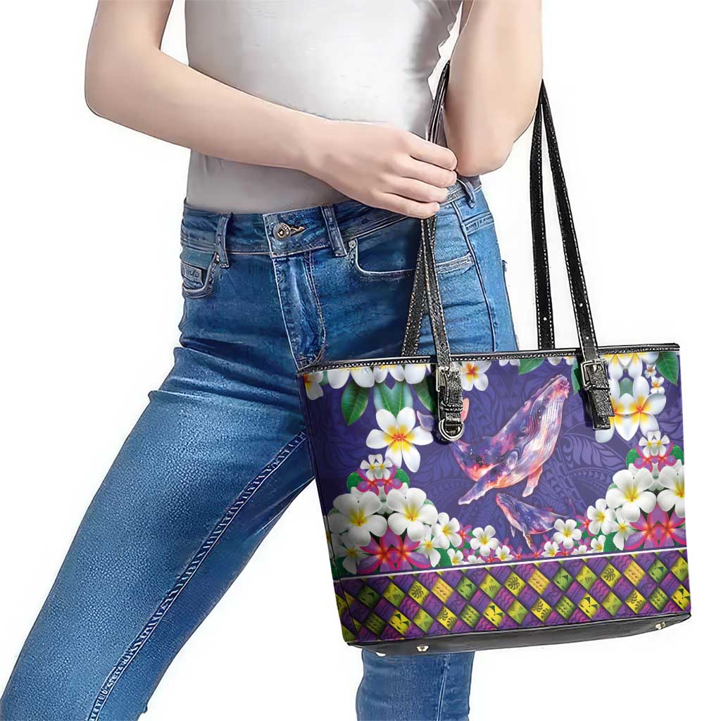 Hawaiian Plumeria and Humpback Whales Leather Tote Bag Polynerian Art Tattoo-Navy Color