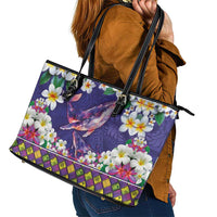 Hawaiian Plumeria and Humpback Whales Leather Tote Bag Polynerian Art Tattoo-Navy Color