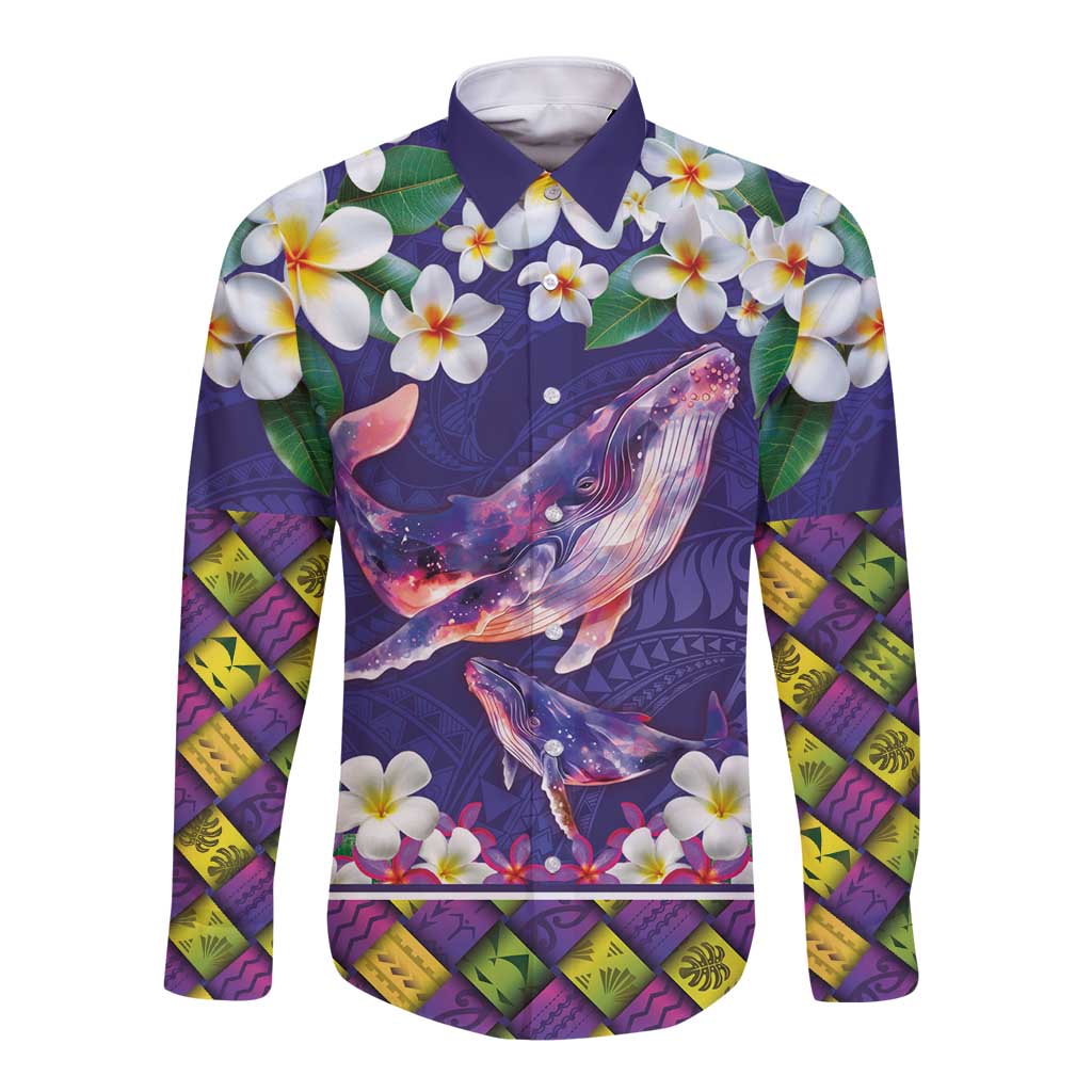 Hawaiian Plumeria and Humpback Whales Long Sleeve Button Shirt Polynerian Art Tattoo-Navy Color