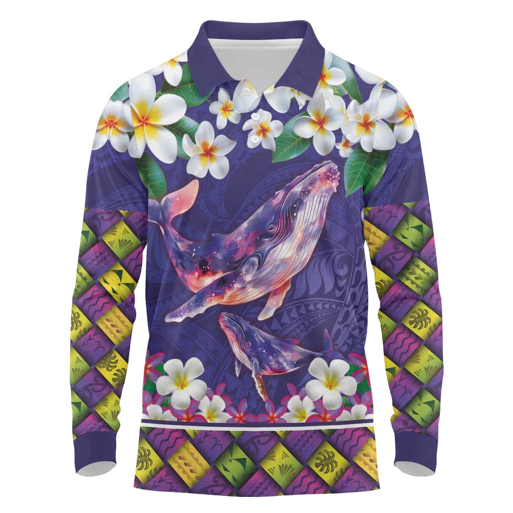 Hawaiian Plumeria and Humpback Whales Long Sleeve Polo Shirt Polynerian Art Tattoo-Navy Color LT03 Navy - Polynesian Pride