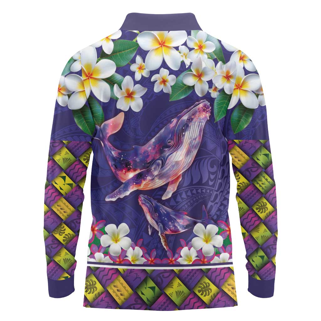 Hawaiian Plumeria and Humpback Whales Long Sleeve Polo Shirt Polynerian Art Tattoo-Navy Color LT03 - Polynesian Pride