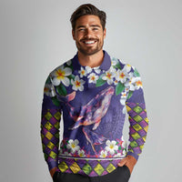 Hawaiian Plumeria and Humpback Whales Long Sleeve Polo Shirt Polynerian Art Tattoo-Navy Color LT03 - Polynesian Pride