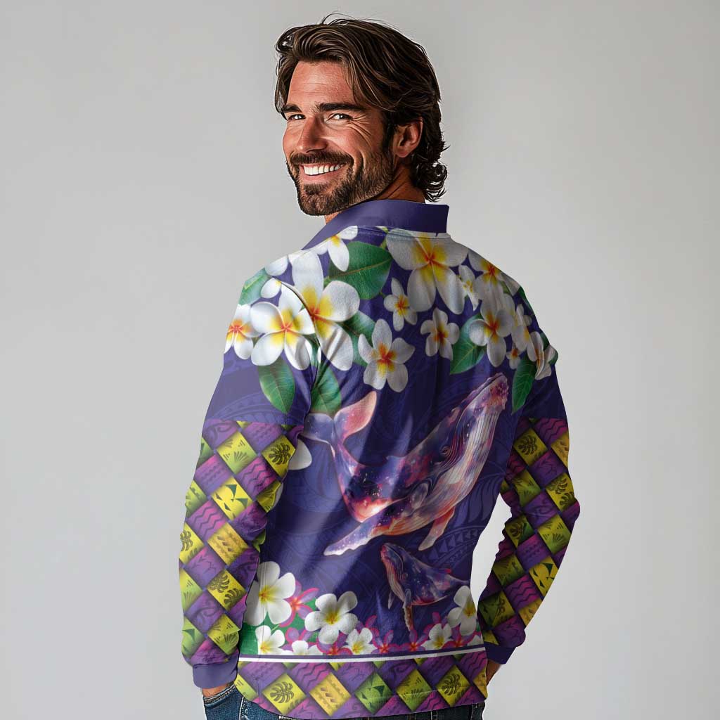 Hawaiian Plumeria and Humpback Whales Long Sleeve Polo Shirt Polynerian Art Tattoo-Navy Color LT03 - Polynesian Pride