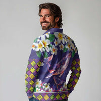 Hawaiian Plumeria and Humpback Whales Long Sleeve Polo Shirt Polynerian Art Tattoo-Navy Color LT03 - Polynesian Pride