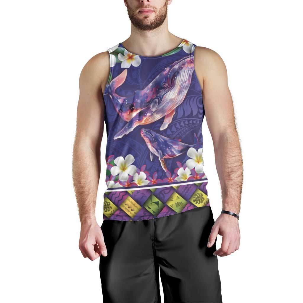 Hawaiian Plumeria and Humpback Whales Men Tank Top Polynerian Art Tattoo-Navy Color