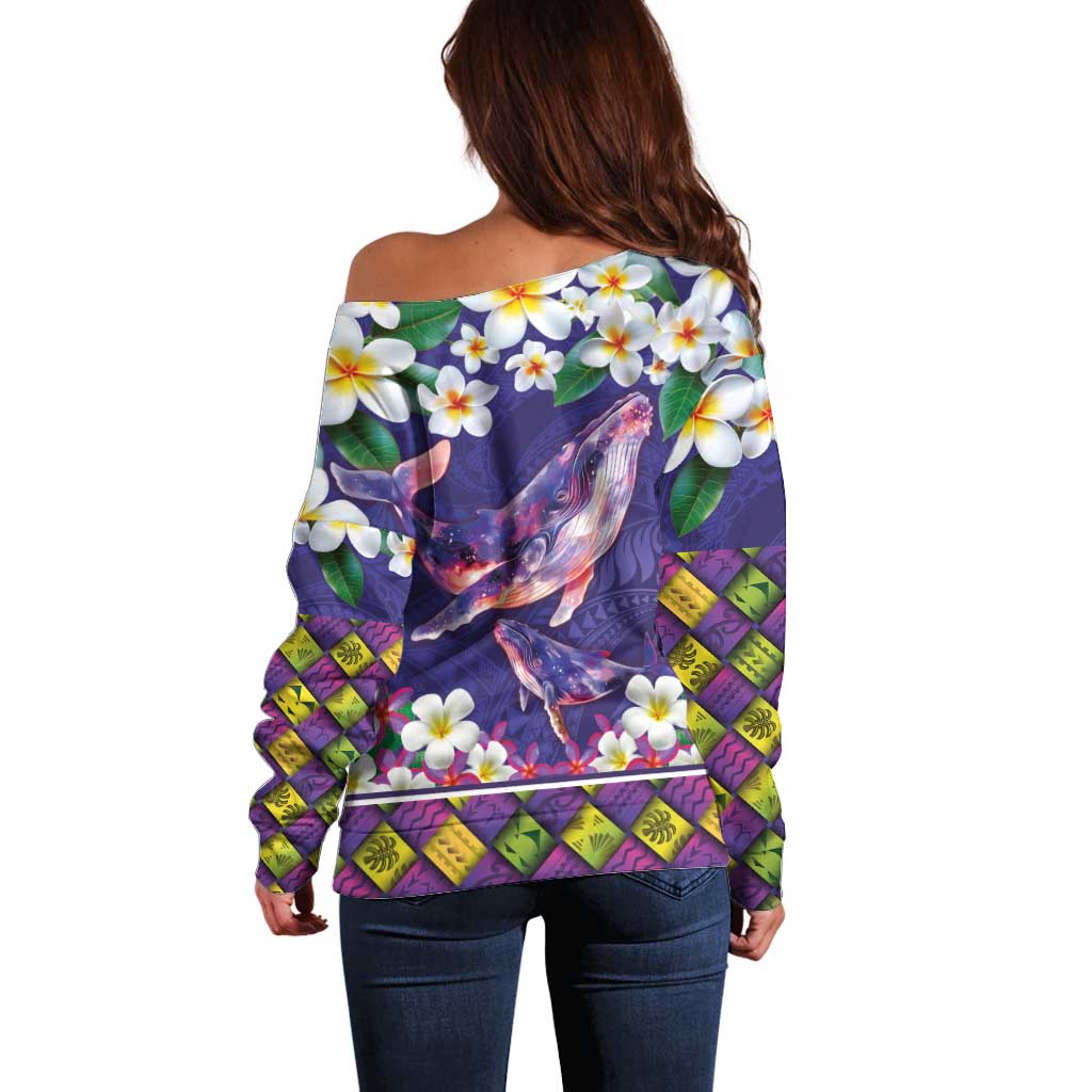 Hawaiian Plumeria and Humpback Whales Off Shoulder Sweater Polynerian Art Tattoo-Navy Color