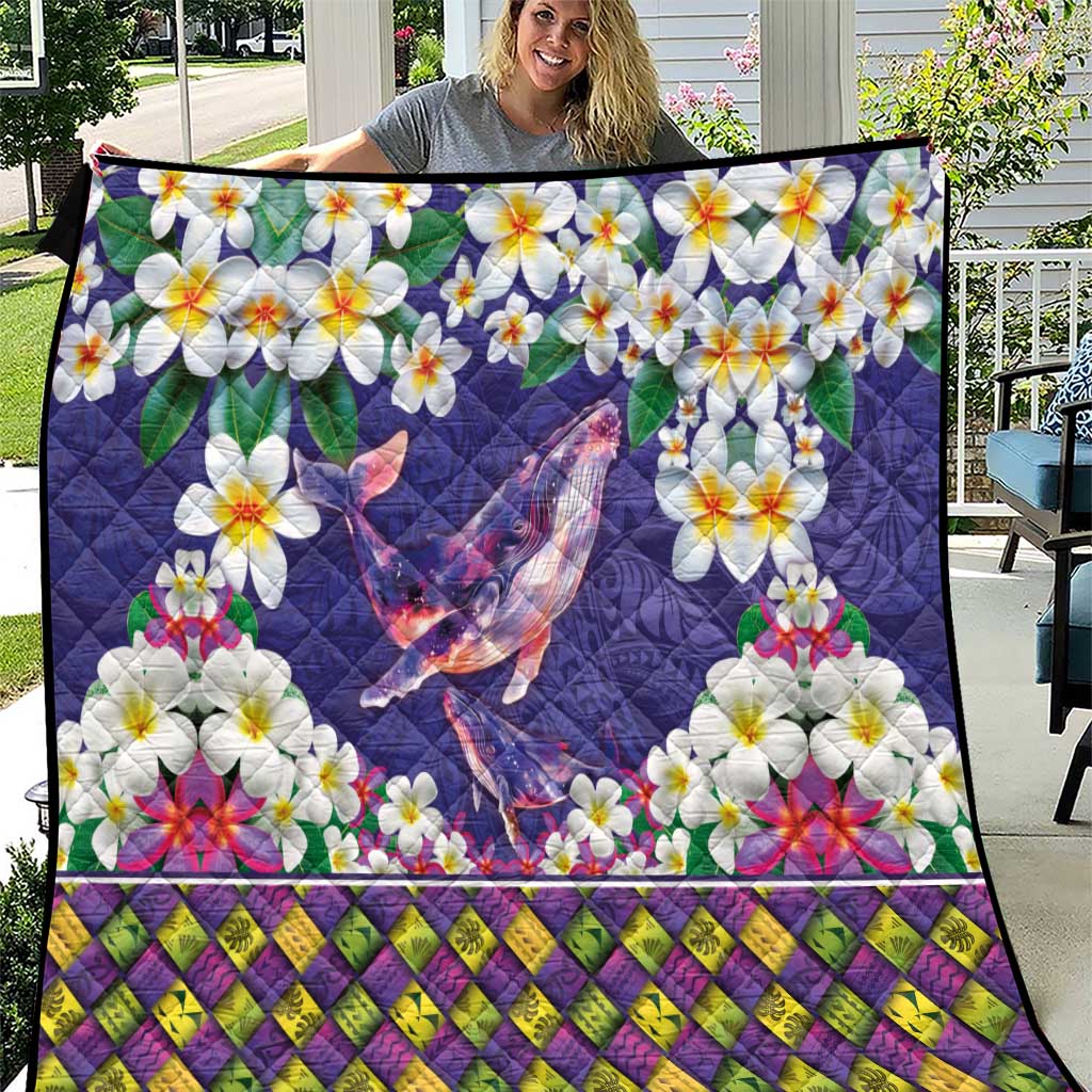 Hawaiian Plumeria and Humpback Whales Quilt Polynerian Art Tattoo-Navy Color