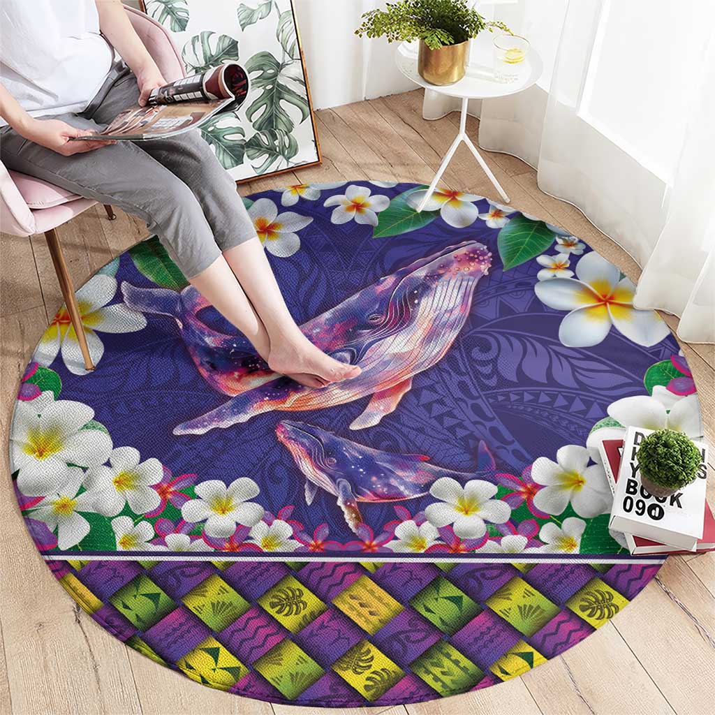 Hawaiian Plumeria and Humpback Whales Round Carpet Polynerian Art Tattoo-Navy Color LT03 - Polynesian Pride