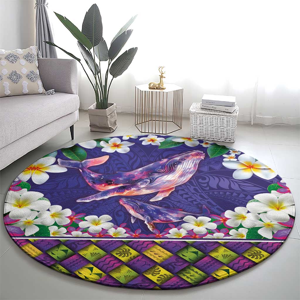 Hawaiian Plumeria and Humpback Whales Round Carpet Polynerian Art Tattoo-Navy Color LT03 - Polynesian Pride
