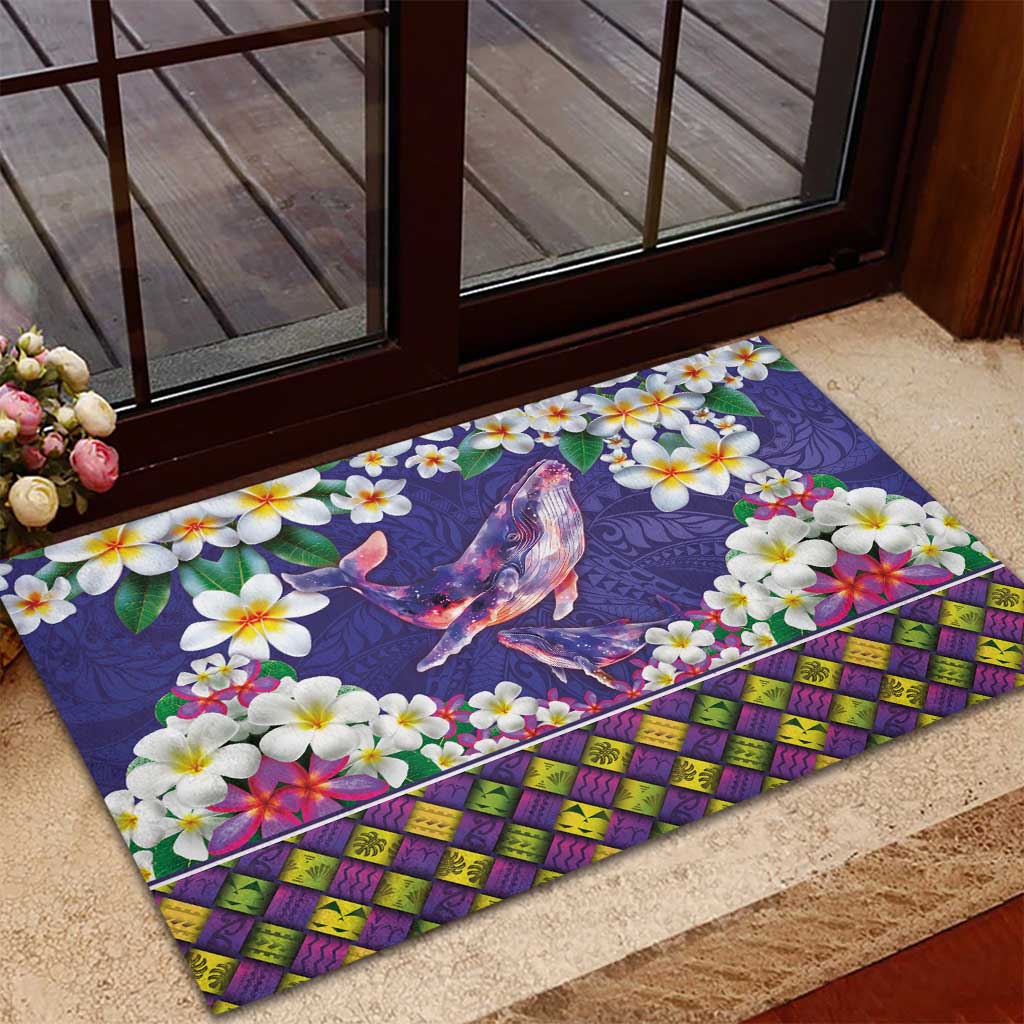Hawaiian Plumeria and Humpback Whales Rubber Doormat Polynerian Art Tattoo-Navy Color LT03 - Polynesian Pride