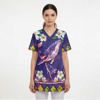 Hawaiian Plumeria and Humpback Whales Scrub Top Polynerian Art Tattoo-Navy Color - Polynesian Pride
