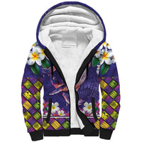 Hawaiian Plumeria and Humpback Whales Sherpa Hoodie Polynerian Art Tattoo-Navy Color