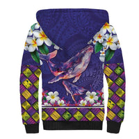 Hawaiian Plumeria and Humpback Whales Sherpa Hoodie Polynerian Art Tattoo-Navy Color