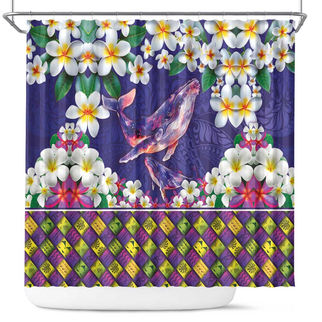 Hawaiian Plumeria and Humpback Whales Shower Curtain Polynerian Art Tattoo-Navy Color