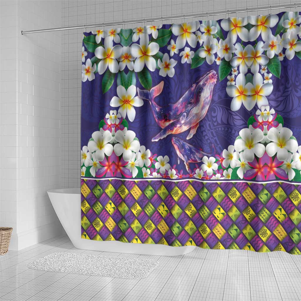 Hawaiian Plumeria and Humpback Whales Shower Curtain Polynerian Art Tattoo-Navy Color